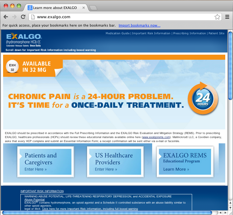 A screenshot of a webpage from the website Exalgo.com. The webpage is titled "Chronic Pain is a 24-hour problem. It's time for a once-daily treatment." The page has a blue background with orange and black text. At the top of the page there is an orange banner that reads "Available in 32 mg" and below it there are three buttons - "Patients and Caregivers" "US Healthcare Providers" and "Exalgo REMS educational program". On the right side of the image there is an orange icon with the text "24 Hours". At the bottom of the webpage there is important risk information.
