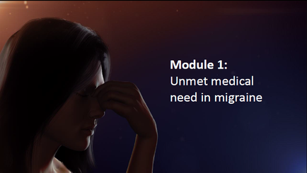 A young woman with long dark hair standing in front of a dark blue background. She appears to be deep in thought with her head resting on her hand and her eyes closed. The image is accompanied by text that reads "Module 1: Unmet medical need in migraine". The overall mood of the image is somber and contemplative.
