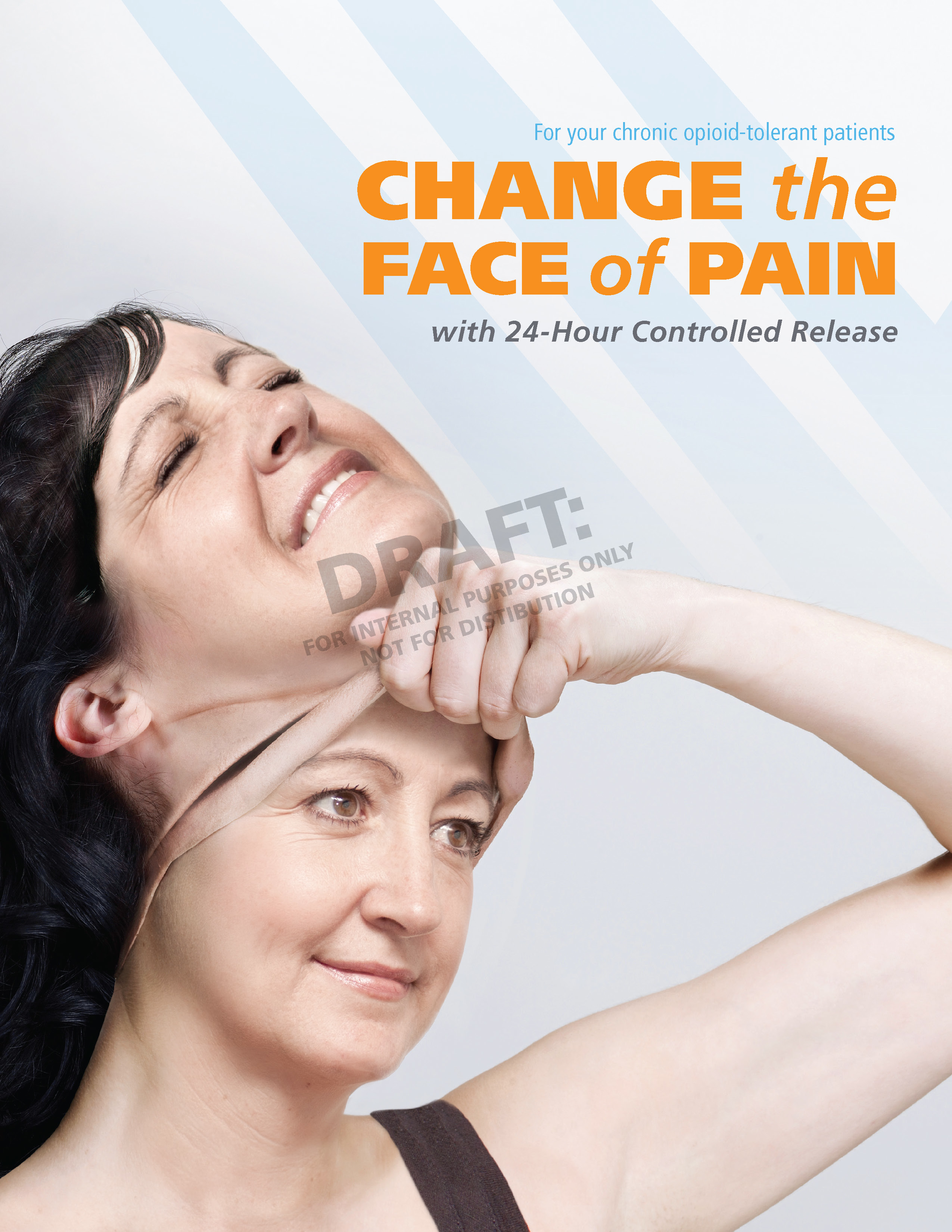 A draft advertisement for Exalgo with the tagline "Change the face of pain for your chronic opioid-tolerant patients with 24-hour controlled release". It features a photograph of a woman with long dark hair smiling and touching her face. The background is white and light blue with text is in blue orange and black.