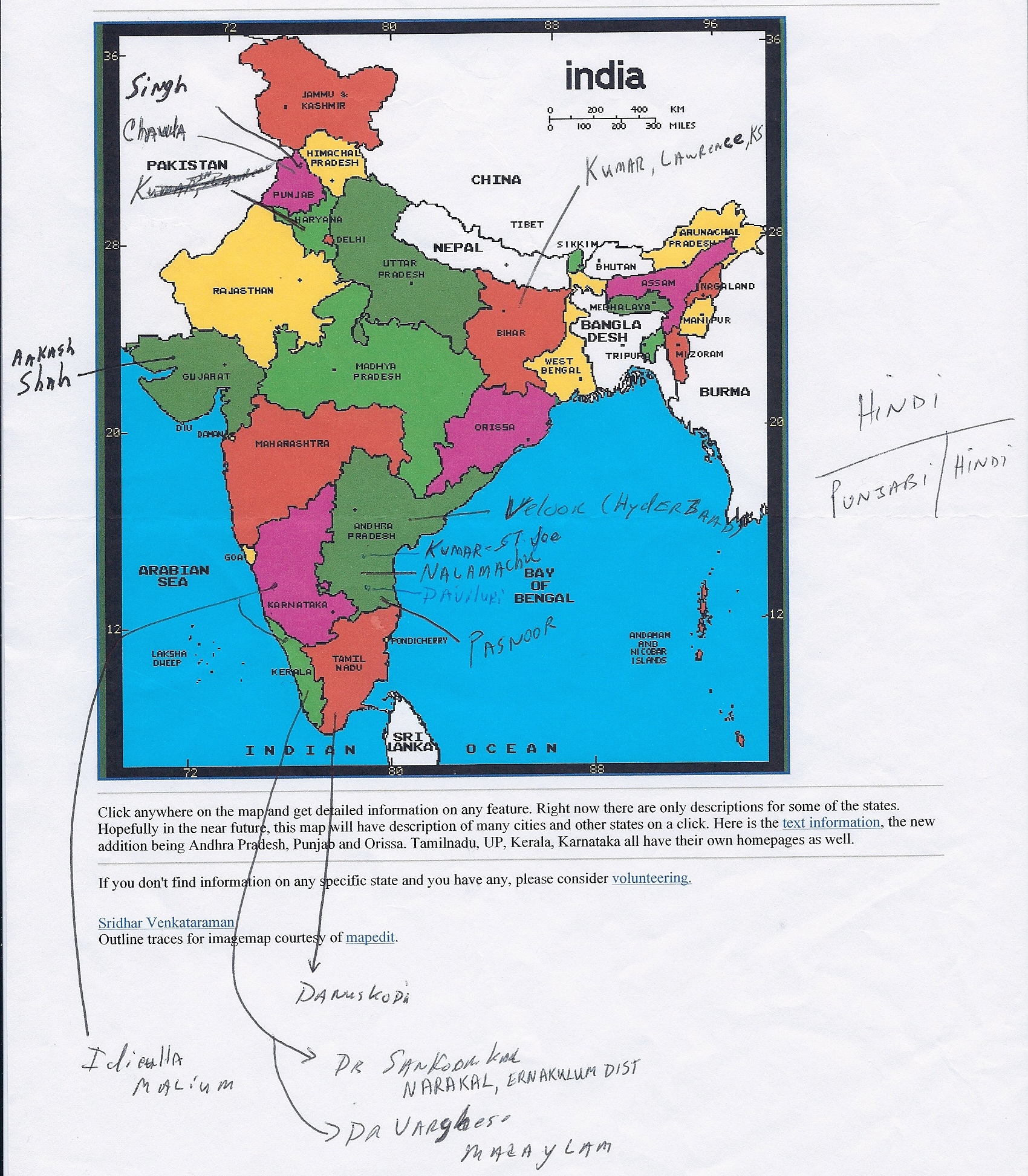A political map of India which appears to have been printed out and written on. There are a series of handwritten arrows that start at various points across the country that point to various people's names some of whom are doctors. The words "Hindi" and "Punjabi/Hindi" are also handwritten on the right side of the map.