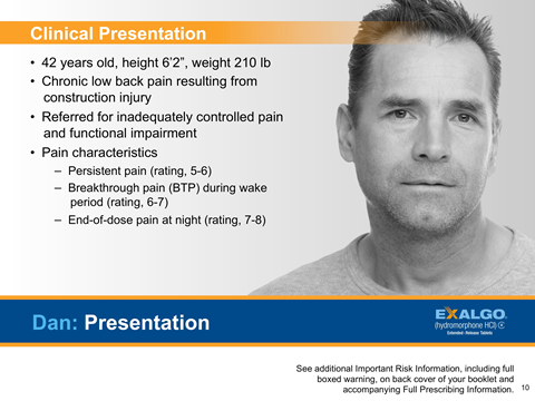 An advertisement for Exalgo discussing a hypothetical patient profile for "Dan" (Case 1). The Clinical Presentation lists his age height weight diagnosis provenance referral pain characteristics etc. A black and white headshot of "Dan" depicts a middle-aged white man with short dark hair in a t-shirt. The background is a light gray gradient with graphic elements in orange and dark blue with text in white black and light blue. The logo of Exalgo is in the bottom right corner.