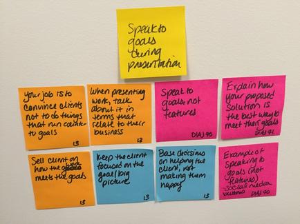 A collection of six sticky notes on a white wall. The notes are arranged in a grid-like pattern with each note having a different color and text written on it. The first note on the top left is yellow with black text that reads "Speak to goals during presentation". The second note is orange with text that says "You job is to convince clients not to do things that run things to their goals". The third note is pink with text in black. The fourth note is blue with text written in white text. The fifth note is yellow and the sixth note is red with text. Each note has a note attached to it with a black marker. The first note reads "When presenting work talk about it in terms that relate to their business". The last note is written in blue text and reads "Sell client on how the client meets the goals". At the bottom of each note there is a note that explains how to speak to the client and how they can help them reach their goals. The note is titled "Base decisions on helping the client making them happy". The note also mentions that the client can make a positive impact on their business.