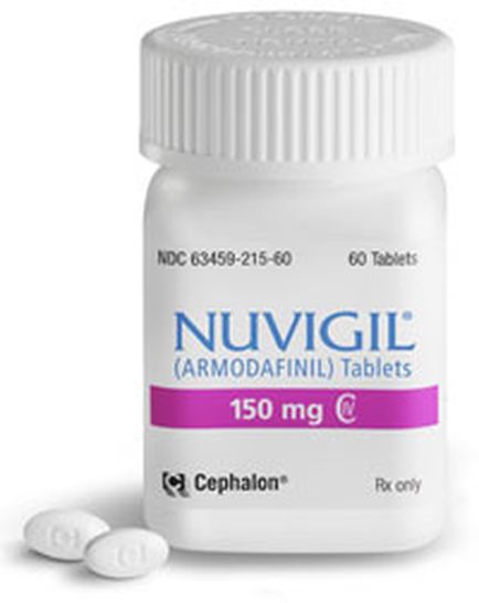 Of a white pill bottle with a white cap. The label on the bottle reads "vigil (ARMODAFINIL) Tablets 150 mg C". The label also mentions that the bottle contains 60 tablets. There are three white pills scattered around the bottle. The background is plain white.