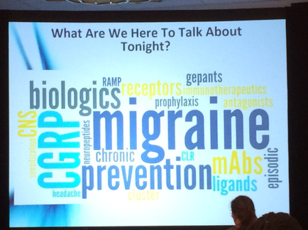 This is a word cloud about the treatment of migraine. Values (by order of size beginning with the largest) include : Migraine CGRP Prevention Biologics mAbs etc. The terms appear in blue light blue yellow and gray but do not appear to be color-coded.