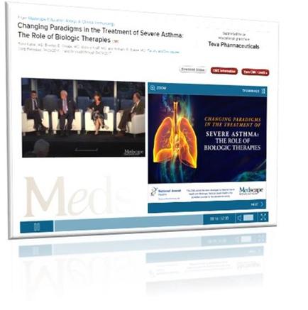 A screenshot of a webpage from a medical website called "tea Pharmaceuticals". The webpage is titled "Changing Paradigms in the Treatment of Severe Asthma: The Role of Biologic Therapies". On the left side of the page there is a photo of a group of people sitting on a stage engaged in a discussion. They are dressed in formal attire and appear to be in a professional setting. On the right side there are two images - one of the lungs and the other of the human body. The lungs are shown in orange and blue colors representing the effects of severe asthma on the body. At the top of the webpage the title of the article is written in bold white letters and below it the website's logo is displayed in black letters. The website's contact information is displayed at the top right corner.