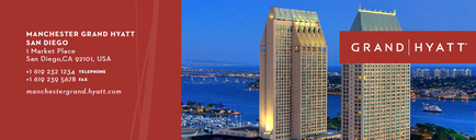 A business card for Manchester Grand wyatt San Diego. The card has a red background with white text. On the left side of the card there is a list of contact information such as phone number email and website. In the center of the image there are two tall skyscrapers one of which is the Grand Hyatts. The buildings are made of glass and have a modern design. They are located near a body of water with a bridge visible in the background. The sky is blue and the sun is setting casting a warm glow over the scene.