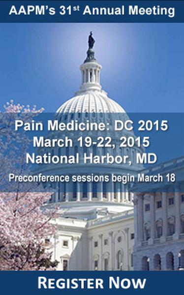 A promotional poster for the AAPM's 31st Annual Meeting which is taking place on March 19-22 2015 in National Harbor MD. The poster features a photograph of the United States Capitol building in Washington DC. The building is white with a dome and a statue on top. The sky is blue and there are cherry blossom trees in the foreground. The text on the poster reads "Pain Medicine: DC 2015 March 19 - 22 2015 National Harbor MD Preconference sessions begin March 18".