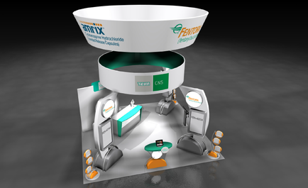 A 3D rendering of a trade show booth. The booth is white with a green and orange logo on the top left corner. The logo reads "mix" and "benton". Below the logo there is a green banner with the word "CNS" written in white. The booth has a circular base with a white top and a green bottom. There are two large screens on either side of the screen which are likely displaying information about the booth's services. There is also a small table in the center of the booth with a phone on it. On the right side there are two smaller screens on the left and right sides which appear to be displaying the company's logo and contact information. On the bottom right corner there appears to be a smaller screen with a picture of a person sitting at a desk. The background is black making the booth stand out.