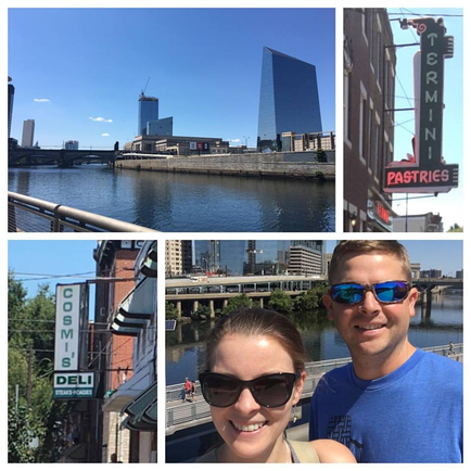 A collage of four photos of a city skyline. The first photo on the top left shows a view of a river with a bridge crossing over it. In the background there are several tall buildings and skyscrapers. The sky is blue and there are a few clouds in the sky. In the top right photo there is a sign that reads "Terminal Pastries" with a red and white striped background. The sign is located on the side of a building and is surrounded by trees and greenery. In front of the building is a photo of a man and a woman wearing sunglasses and smiling at the camera. The man is wearing a blue t-shirt and sunglasses and the woman is wearing sunglasses.