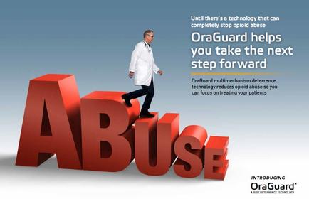 A man in a white lab coat walking on top of the word "ABUSE" which is made up of large red letters. The man appears to be walking towards the word with a determined expression on his face. The background is a light blue color. On the right side of the image there is text that reads "Until there's a technology that can completely stop opioid abuse. outguard helps you take the next step forward." This suggests that the image is promoting the use of outguard technology to reduce opioid abuse and focus on treating patients.