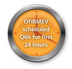 Drawing of a circular clock with an orange face red hands red hour markers and a silver frame. The phrase "OFIRMEV scheduled Q6h for first 24 hours" is written across the face in white.