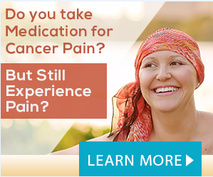 A web-based advertisement for an unknown product with the tagline "Do you take medication for cancer pain? But still experience pain? Learn more" (with the third sentence being a clickable hyperlink)). It includes a photograph of a woman with a red scarf on her head smiling and looking to her right. The background is various shades of beige with graphic elements in light red and electric blue with text in light red and white.
