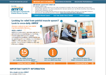 A screenshot of the homepage of a website called Amrix. The website has a blue and orange color scheme with the Amrix logo at the top. Below the logo there is a navigation bar with links to different sections of the website. The main content of the page is divided into three sections. The first section is titled "Looking for relief from painful muscle spasms? Look to once-daily AMRIX" and has a description of the product. The second section has an image of a man and a woman sitting at a desk with a laptop and a cup of coffee. The third section has a photo of a woman holding a shopping basket and smiling at the camera. At the bottom of the image there are three buttons - "Important Safety Information" "Get a Patient Brochure" and "Download Now". These buttons allow users to download the website for free.