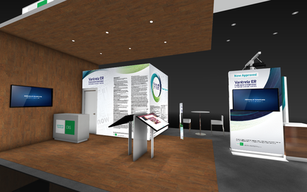 A 3D rendering of a trade show booth with a modern design. The booth has a wooden floor and a large screen on the wall on the left side. On the right side there is a large banner with a blue and white design and text that reads "Ventura ER". In front of the banner there are two smaller banners with the same design. In the center of the booth there appears to be a podium with a laptop on it. There is also a small table and a chair in the background. The overall atmosphere of the image is professional and modern.
