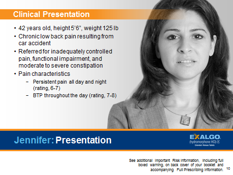 An advertisement for Exalgo discussing a hypothetical patient profile for "Jennifer". The Clinical Presentation lists her age height weight diagnosis provenance referral pain characteristics etc. A black and white headshot of "Jennifer" depicts a young woman with long dark hair in a heathered blazer with wide peak lapels. The background is a light gray gradient with graphic elements in orange and dark blue with text in white black and light blue. The logo of Exalgo is in the bottom right corner.