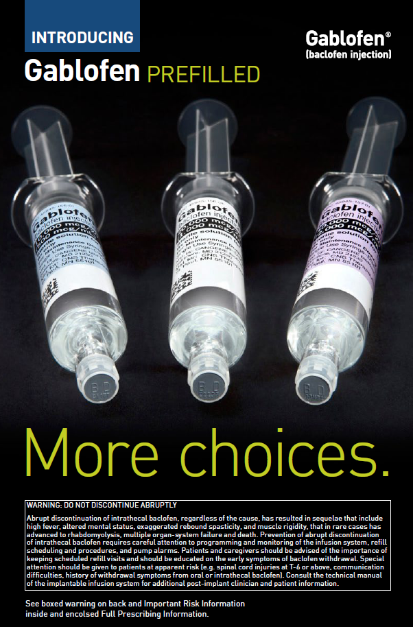 An advertisement for Gablofen with the tagline "Introducing Gablofen prefilled : more choices". It shows three prefilled syringes of Gablofen. All three syringes have a clear plastic body with a white label on the side. There is also a boxed warning. The background is black with text in white and light green.