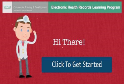 A screenshot of a webpage for an Electronic Health Records Learning Program. The background is red and there is a cartoon illustration of a young boy wearing a white lab coat and a stethoscope on his head. He is standing with his left hand on his hip and has a big smile on his face. On the right side of the image there is text that reads "Hi There!" and on the bottom right corner there are two buttons - "Click To Get Started" and "Commercial Training & Development".