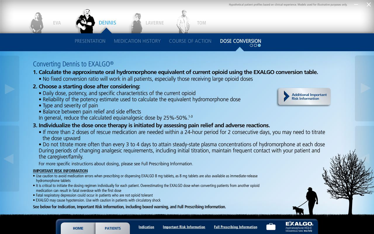 A screenshot from the Exalgo website. It appears to show case studies for how to convert different example patients to Exalgo step-by-step. The website is of example patient Dennis and the "Dose Conversion" step is selected. The website has a blue and white color scheme with a blue header and black footer.<br /><br />The main text of the page reads "Converting Dennis to EXALGO" Below that there are three steps outlining how to do so with each step having a header. The headers read: "1. Calculate the approximate oral hydromorphone equivalent of current opioid using the EXALGO conversion table."; "2. Choose a starting dose after considering [a number of criteria]"; "3. Individualize the dose once therapy is initiated by assessing pain relief and adverse reactions".<br /><br />The bottom of the page also has important risk information. In the lower right corner there is an image of a person walking a dog on a leash with a tree in the background. The footer has the Exalgo logo and a navigation menu.