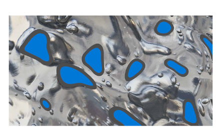 A close-up of a textured surface with a metallic sheen. The surface appears to be made up of small irregularly shaped objects that are arranged in a random pattern. The objects are of different sizes and shapes with some being larger and some being smaller. The colors of the objects range from blue to silver creating a gradient effect. The texture of the surface is rough and uneven with small bumps and grooves visible. The overall mood of the image is abstract and dynamic.