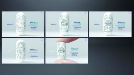 A collage of six identical images of a white oval-shaped object with a blue and green design on it. The object appears to be made of a smooth glossy material and has a textured surface. The text on the object reads "Product X" in a bold sans-serif font. The first image on the top left shows the object with the word "Product" written in a cursive font. The second image shows the same text as the first image but it is not clear what it says. The third image shows a hand holding the object and the fourth image shows it with the same design. The fifth and sixth images show the object in a more abstract minimalist style. All the images are arranged in a grid-like pattern with each image showing a different angle of the object. The background is a light blue color and there is a white border around the edges of each image.