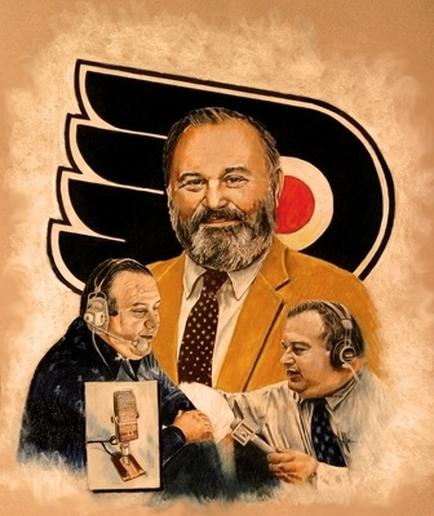 A digital illustration of three men in a radio studio. The man in the center is a man with a beard and mustache wearing a suit and tie. He is smiling and looking directly at the camera. On the left side of the image there is another man wearing a blue jacket and a headset who appears to be a radio host. He has a microphone in front of him and is holding a piece of paper in his hand. The other two men are also wearing headsets and appear to be listening to the man with the microphone. The background is a beige color with a black and red circular logo in the top left corner. The overall style of the illustration is vintage and cartoon-like.