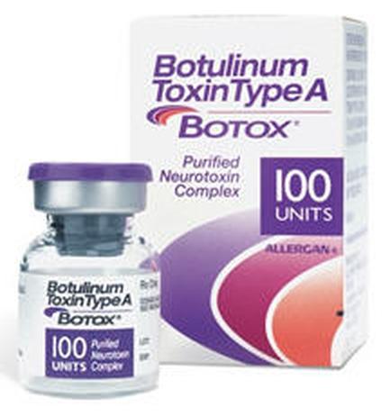 A vial of botulinus Toxin Type A Botox a purified neurotoxin complex. The vial is white with a purple cap and is placed next to a white box with the product name and dosage information printed on it. The box also has an image of an orange circle with the words "100 Units" and "allergen" on it indicating that the product is made with allergen. The background is white.