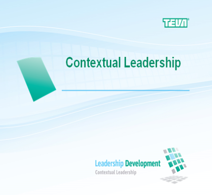 A presentation slide with a light blue background and white text. On the left side of the slide there is a green square with the word "Contextual Leadership" written in bold capital letters. Below the square there are two smaller squares one labeled "Leadership Development" and the other labeled "Contemporary Leadership". On the right side the logo of tea is also visible. The overall design is simple and modern with a clean and professional look.