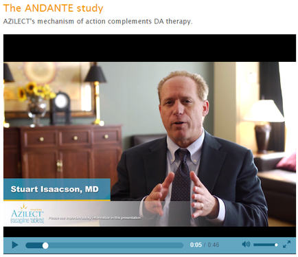 A screenshot of a video interview with Stuart Isaacson MD MD. He is a middle-aged man with short blonde hair and is wearing a dark suit and tie. He appears to be in a living room with a wooden dresser and a lamp in the background. The text on the image reads "The Andante study: AZILECT's mechanism of action complements DA therapy."
