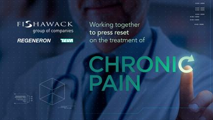 A digital graphic design for a company called Fishawack Group of Companies. The background is dark blue with white text that reads "Working together to press reset on the treatment of Chronic Pain". On the right side of the image there is a photo of a man wearing a white lab coat and a stethoscope around his neck. He is smiling and pointing to the text with his index finger. On the left side there are three icons representing the company's logo - Regeneron tea and tea. The text is in white and green colors. The overall design is modern and professional.