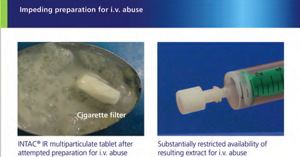 A collage of two pictures. On the left side there is a close-up of a cigarette filter with a white substance inside it. The substance appears to be a type of cigarette filter as indicated by the text on the image. The image is accompanied by text that reads "Impeding preparation for i.v. abuse" and "intact® IR multiparticulate tablet after attempted preparation for IV. abuse". On the right side of the image there are two images - one of a syringe with a green needle and the other of a white needle. The syringe is filled with a clear liquid likely the cigarette filter. The background is blue and the text is white.