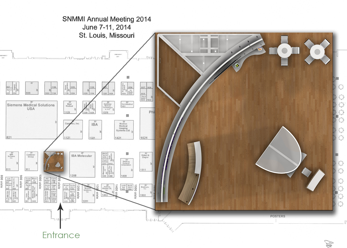 A floor plan of the Society of Nuclear Medicine and Molecular Imaging (SNMMI) Annual Meeting 2014. set for June 7-11 2014 in St. Louis Missouri. The plan is divided into two sections with the left section showing the layout of the entire meeting room (with vendor names for each exhibition space) and the right section showing a detailed view of a single exhibition space (unidentified). The left section has a white background with architectural drawings and text in black. The right section has a brown background (evoking a wooden floor) with furniture and fixtures in gray and white.