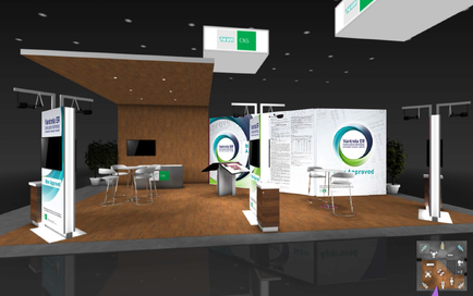 A 3D rendering of a trade show booth. The booth has a modern design with a wooden floor and white walls. There are three large banners on the left side of the booth each with a different color and design. On the right side there is a large screen displaying information about the booth's services. In the center there are two white tables and chairs and a small desk with a computer monitor. Above the tables there hangs a green and white sign with the logo of a company. The overall color scheme of the design is blue green and white.