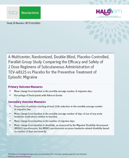 A slide from a study titled "A multimeter Randomized Double-Blind Placebo-Controlled Parallel-Group Study Comparing the Efficiency and Safety of 2 Dose Regimens of Subcutaneous Administration of TEV-48125 vs Placebo for the Preventive Treatment of Epidemic Migraine". The slide has a light blue background with a white snowflake design on the top right corner. The title of the study is written in bold black font at the top of the slide. Below the title there is a table with three columns. The first column is titled "Primary Outcome Measures" and the second column is labeled "Secondary Outcome Measurements". The table is divided into two sections. The second section has a list of primary outcome measures the third section has the primary outcome measure and the fourth section has two secondary outcome measures. The table also has a brief description of each measure. At the bottom of the page there are two bullet points that explain the study's purpose and how it can be used to compare the efficacy and safety of two dose regimens of subcutaneous administration of TEv 48125 and placebo for the preventive treatment of episodic migraine.