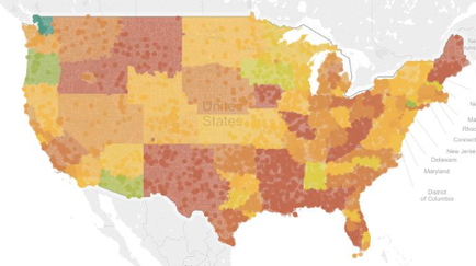 This is a color-coded map of the continental United States. Individual states are colored in various shades of red orange green and yellow but the significance of that is not stated. The location of major metropolitan areas (as dots) are also indicated.