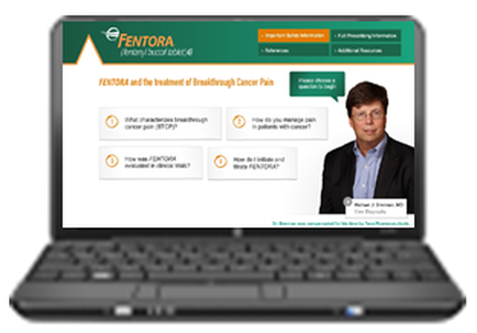 A screenshot of a laptop screen displaying the homepage of a website called mentor. The website has a green and orange color scheme with the company's logo at the top. Below the logo there is a photo of a man in a suit and glasses. On the right side of the screen there are three orange boxes with information about the website's services. The first box on the top left corner has a white background with a green banner that reads "mentor and the treatment of Breakthrough Cancer Pain". The second box has a blue banner with a white text that says "How to manage pain in patients with cancer". The third box has an orange banner with the same text as the first box. At the bottom right corner of the laptop screen the website name and contact information are displayed in white text. The laptop has a black keyboard and a silver tracked.