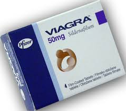 A photograph of a box of Viagra 50mg Sildenafilum tablets. The box is rectangular in shape and has a blue and white color scheme. The front of the box has the brand name "Viagra" written in bold white letters at the top followed by the product name "50mg" in smaller white letters. Below that there is an image of a brown pill with a white circle around it. The pill appears to be a type of medication as indicated by the text on the box. The box also has a label on the bottom right corner that reads "4 Tablets" and "Oxycodone Tablets". The label also mentions that the tablets are made with natural ingredients and are suitable for use in various applications.