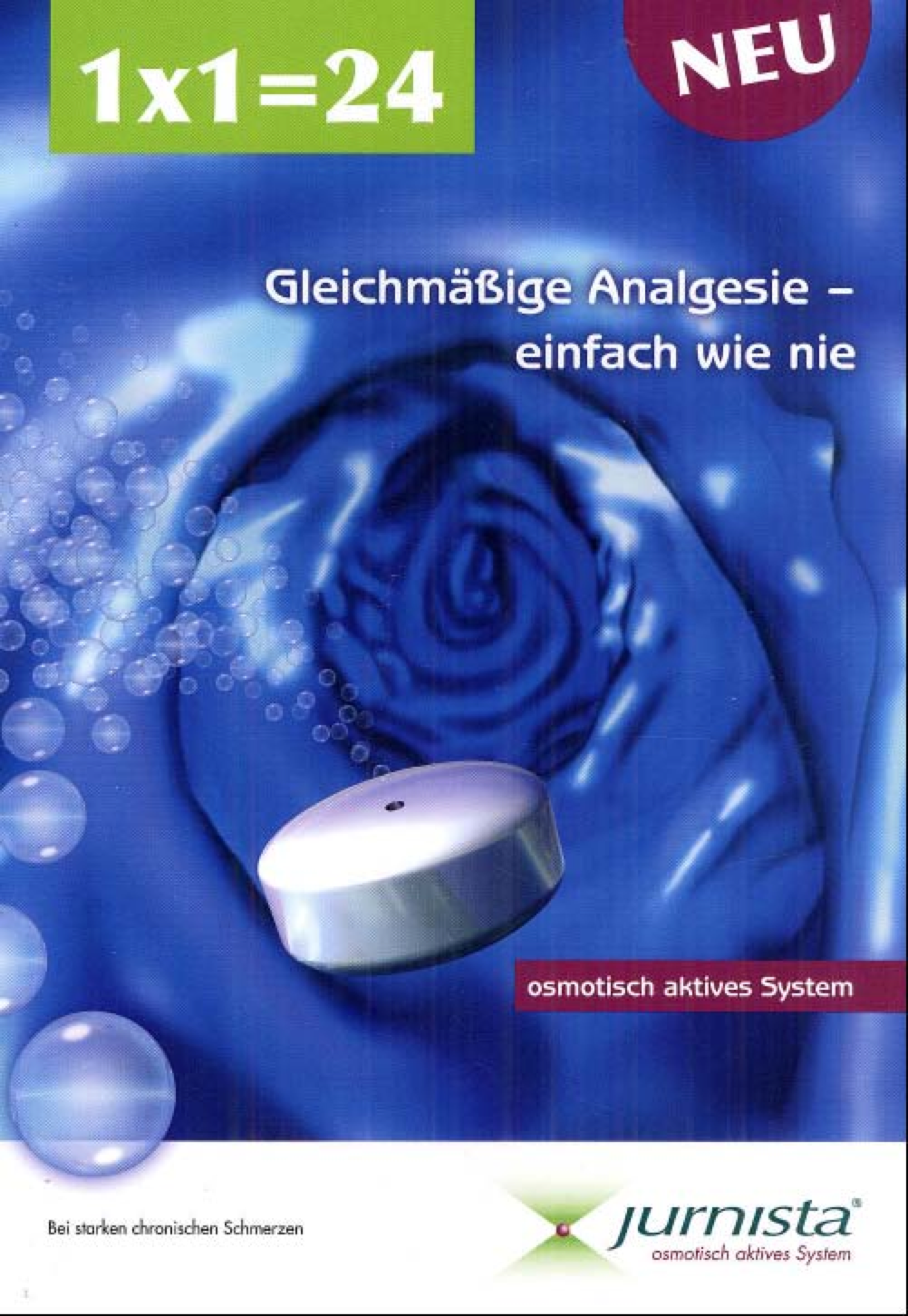An advertisement for Jurnista with the tagline "GleichmÃ¤ÃŸige Analgesie - einfach wie nie". The text is in German. It includes an illustration of a pill with a time-release mechanism (presumably) against a blue textured background. There are graphic elements in green and purple with text in white green and purple. The Logo of Jurnista is at the bottom right corner.