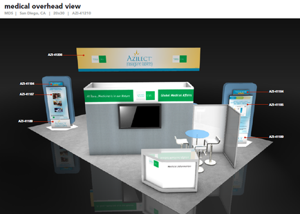 A 3D rendering of a medical overhead view of a booth at a trade show. The booth is made up of a gray and white color scheme with a large screen on the front wall and a small table and chairs in front of it. On the left side of the booth there are two large screens displaying information about the booth's services. The screens are labeled with the company's logo and contact information. On the right side there is a smaller screen displaying the same information as the booth. In the center of the image there appears to be a desk with a computer monitor and a chair. The background is black and the overall design is modern and professional.