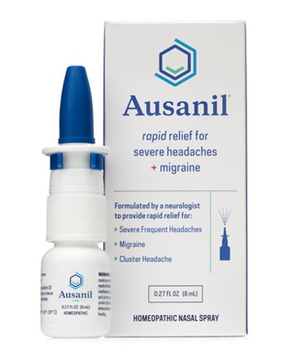 A white box with the brand name "assail" written in blue on the top left corner. Next to the box there is a small white dropper bottle with a blue cap. The bottle is labeled "Homeopathic Nasal Spray" and has a label that reads "Rapid relief for severe headaches + migraine". The box also has a description of the product which states that it is formulated by a neurologist to provide rapid relief to severe frequent headaches migraine cluster headache and homeopathic nasal spray.