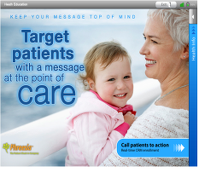 A screenshot of a mobile phone screen with a message on the left side. The message reads "Keep your message top of mind. Target patients with the message at the point of care." On the right side of the screen there is an image of a woman holding a baby in her arms. The woman is smiling and looking at the baby with a content expression. The baby is wearing a pink jacket and has blonde hair. The background is a blue sky with white clouds. At the bottom right corner there are two buttons - "Call patients to action" and "Health Education".