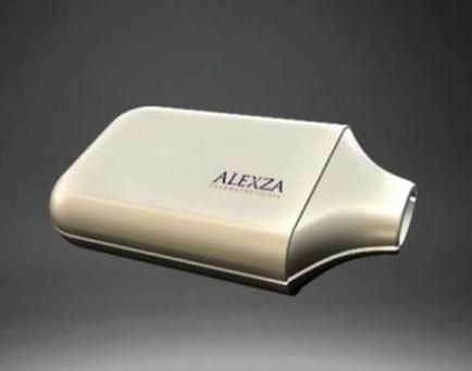 A 3D rendering of a rectangular-shaped device with the word "alexia" written in black capital letters on the front. The device appears to be made of a shiny metallic material and has a curved shape with a pointed end. The background is a solid grey color. The overall design of the device is sleek and modern.