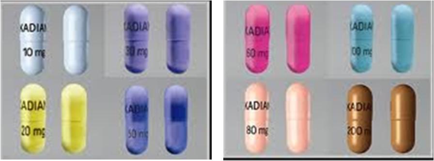 Capsules containing 8 different dosages of Kadian (morphine sulfate) manufactured by Actavis (presumably). The 10 mg dosage is light blue the 20 mg dosage is yellow the 30 mg dosage is purple the 50 mg dosage is royal blue the 60 mg dosage is hot pink the 80 mg dosage is light pink the 100 mg dosage is aqua blue and the 200 mg dosage is brown. All of the capsules are shown both front (ex : KADIAN 10 mg) and back [blank]. The background is light gray with thin black borders and thicker white borders.