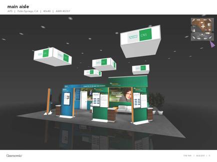 A 3D rendering of a trade show booth. The booth is green and white in color and has a modern design. There are several large white boxes hanging from the ceiling which are connected to the booth by a series of wires. The boxes are arranged in a way that they form a triangular shape with the topmost box being the largest and the bottommost being the smallest. In the center of the booth there is a large screen displaying information about the booth's services. On the right side of the screen there are several smaller screens displaying the company's logo and contact information. There is also a small plant in the corner of the room adding a touch of greenery to the space. The background is black making the booth stand out even more.