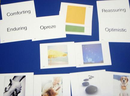 A collection of six cards with different images and text on them. The cards are arranged in a horizontal line on a blue background. The first card on the top left has the words "Comforting" "Enduring" "Opreze" "Reassuring" and "Optimistic" written in white text. The second card has a yellow square with a green border. The third card has an image of a beach scene with a yellow umbrella and a blue sky. The fourth card has two images of a person holding a dog the fifth card has three images of rocks and the sixth card has four images of dogs. All the cards appear to be related to the concept of comfort enduring and optimizing.