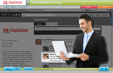 A screenshot of the homepage of a social media training website called cephalic. The website has a green and white color scheme with the logo of the company on the top left corner. On the right side of the page there is a photo of a man in a suit holding a laptop and smiling at the camera. Below the photo there are several links to different social media platforms such as Facebook Twitter linked and linked. On the top right corner of the image there has a search bar and a menu bar with options such as "Menu" "Exit" and "Help". On the bottom left corner there appears to be a link to a website for more information about the website. Overall the image shows a young man in formal attire possibly a professional working on a laptop computer.