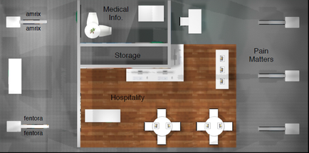 A floor plan of a medical facility. It shows the layout of the facility including the storage area the hospitality area and the pain matters area. The storage area is located in the center of the image with a large window above it that allows natural light to enter the space. There is a desk with a computer and a chair in front of it. On the left side of the desk there is a sign that reads "Medical Info" and on the right side there are two signs that read "Pain Matters". There are also two white tables and chairs arranged in a semi-circle around the room. The tables have a modern design with a curved top and a rectangular base. The chairs have white cushions and are placed on a wooden floor. Overall the image shows a modern and spacious space with a variety of amenities and amenities.