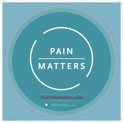 A graphic design with a light blue background and a white circle in the center. Inside the circle there is a text that reads "PAIN MATTERS" in a bold sans-serif font. The text is centered in the middle of the circle and is surrounded by a thin yellow line. Below the text the website "Visit PainMatters.com" is written in a smaller white font.
