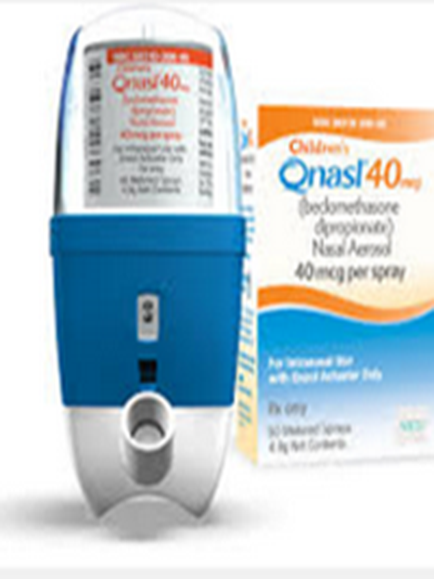 A blue and white nasal spray bottle with a white cap. The bottle is labeled "Onasil 40mg" and has a label that reads "Bedtime inhaler nasal spray". Next to the bottle there is an orange box with the same label. The box also has the product name and description written in white text. The background is white.