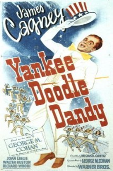 A movie poster for the film "Yankee Doodle Dandy" starring James Cagney. The poster features a close-up of the main character George M. Cohen in the center. He is wearing a white suit and a red white and blue top hat with an American flag on it. He has a big smile on his face and is holding a cane in his right hand. The background is a blue sky with white clouds. The title of the film is written in red and white letters at the top of the poster with the names of the cast and crew below. At the bottom there is a brief synopsis of the movie written in smaller text.