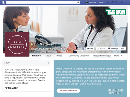 A screenshot of the homepage of a website called "Pain Matters". The website has a blue and white color scheme with the logo of the company "tea" on the top left corner. On the right side of the page there is a photo of two women one with shoulder-length dark hair and the other with short brown hair engaged in a conversation. The woman with the shoulder hair is wearing a white lab coat and is holding a stethoscope around her neck. The other woman is sitting at a desk with a computer and appears to be a doctor or a medical professional. The page also has a timeline photos and community guidelines section as well as a design for dialogue section. The text on the page reads "For U.S. Residents Only tea Pharmaceuticals USA is interested in your health and medical professionals to share their ideas." There is also a link to a website for more information about the website.